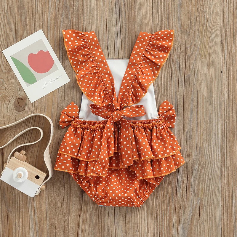 Baby's Clothes Girls Easter Romper Orange Cartoon Rabbit Print Sleeveless Jumpsuit With Bow Knot Decor 0-24M Children's Clothing