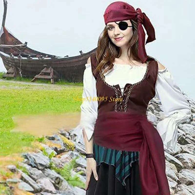 DXAE Halloween Piraat Kostuum Vrouwen Mannen Piraat Hoofddoek Bandana Riem Middeleeuwse Vikinges Kostuum Accessoires