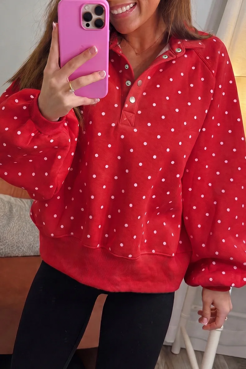 Women Polka Dot Sweatshirt Half Zip Pullover Oversized Loose Fit Long Sleeve Casual Tops Autumn Winter Streetwear