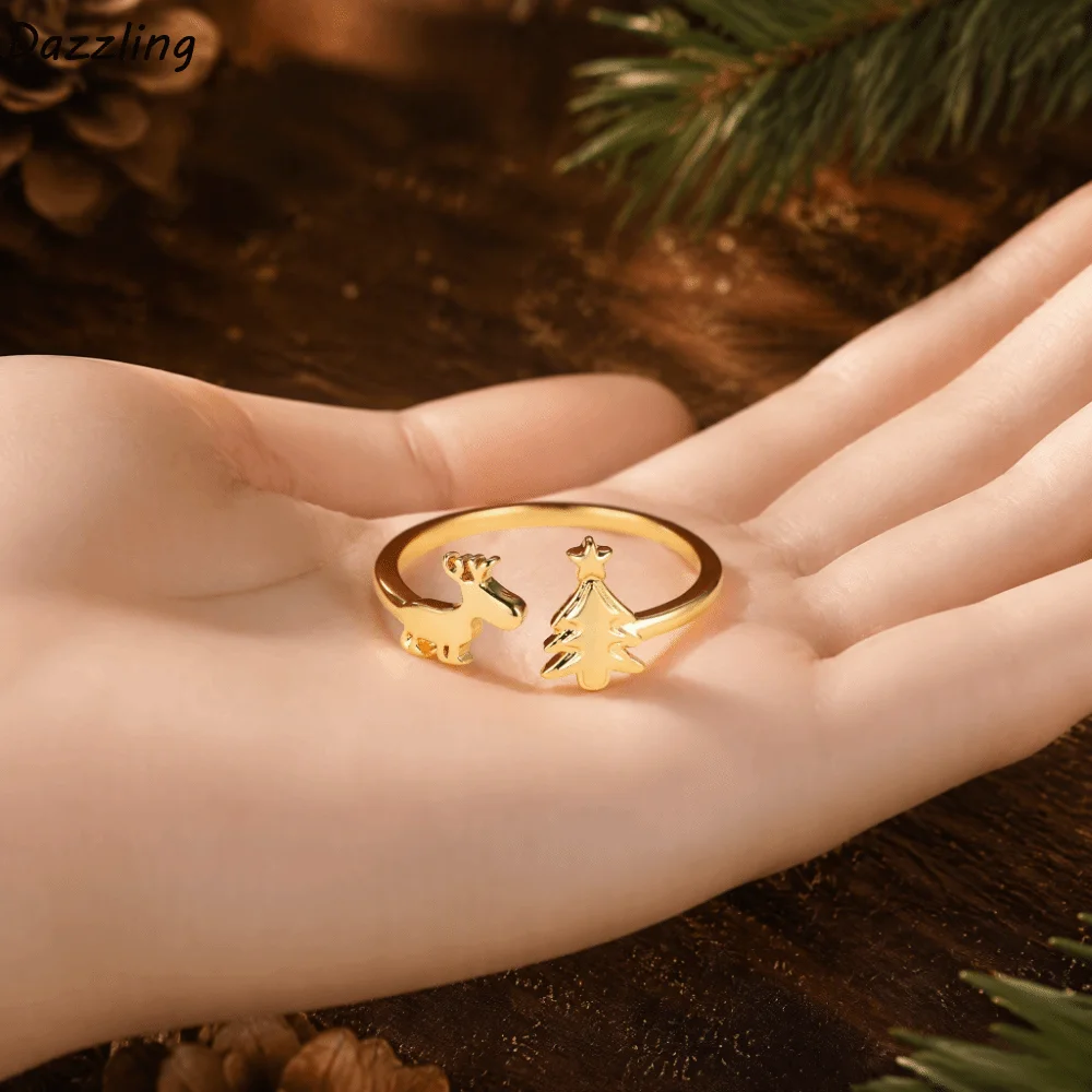 Women Unique Christmas Tree Ring Retro Lightweight Reindeer Ring Delicate Stackable Adjustable Ring Holiday