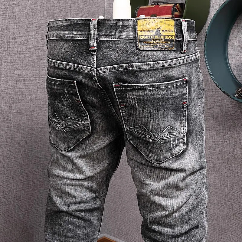Fashion Trendy Men Jeans Retro Black Gray Elastic Slim Ripped Jeans Men Vintage Trousers Embroidery Designer Denim Pants Hombre