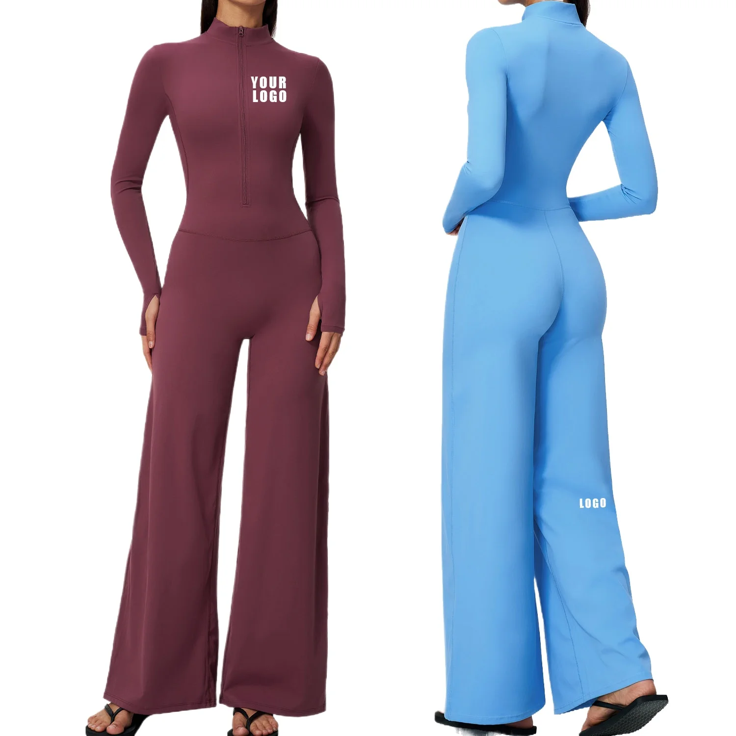 Personalized LOGO custom women's new zipper one-piece long-sleeved yoga onesie velvet fitness wide-leg pants onesie