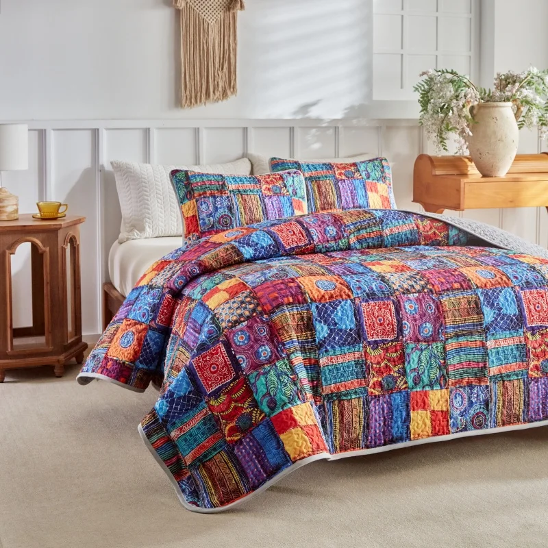 

Soft Polyester Printed Bed Cover Set Lightweight All-Season Quilt Modern Geometric AB Side Bedspread +Pillowcase Single Double