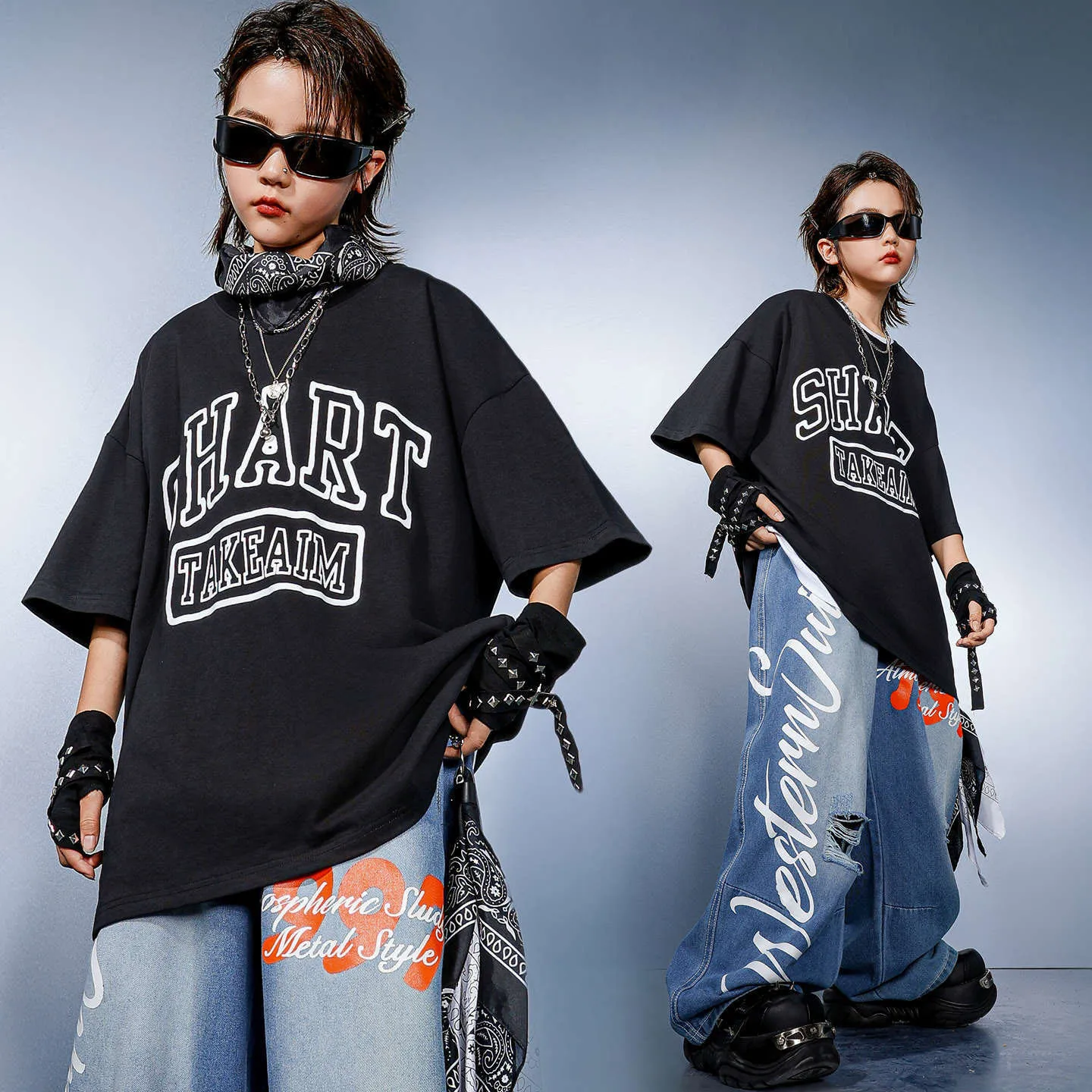 

Kid Kpop Hip Hop Clothing Black Print T Shirt Denim Blue Casual Distressed Ripped Jeans Pants for Girl Boy Dance Costume Clothes