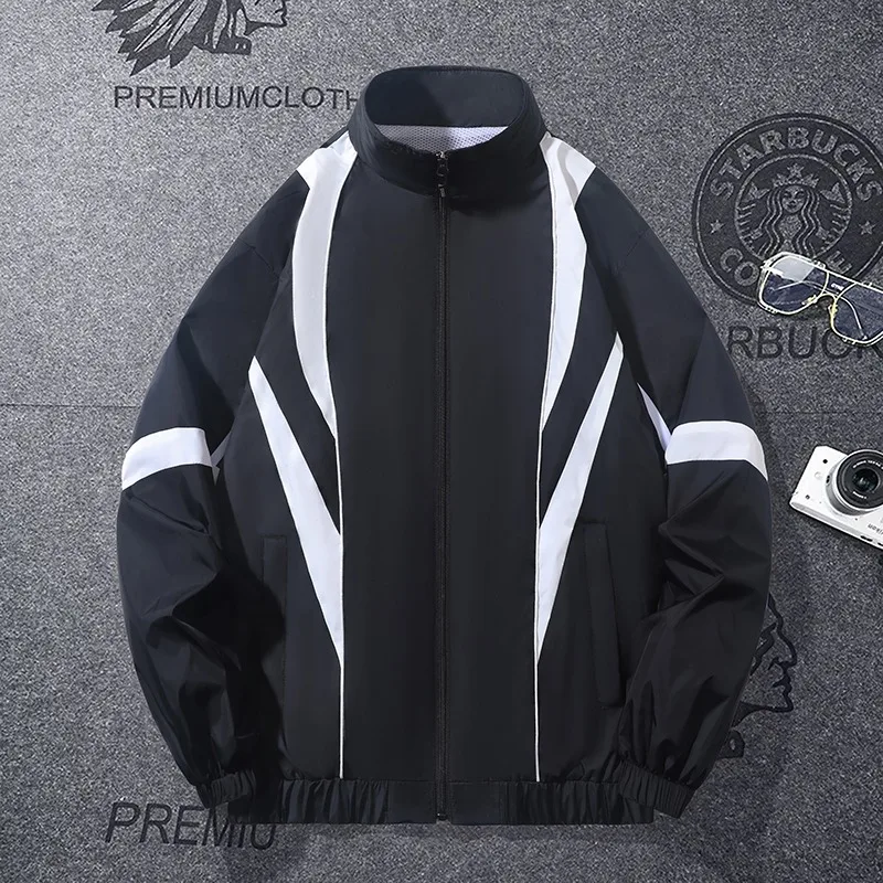 Youth Loose Color Block Spliced Stand Collar Zip Up Jacket Spring Autumn Casual Sport Trendy Outerwear