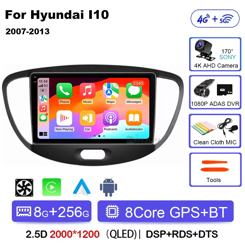 Android 15 CarPlay Auto Qualcomm Autoradio Voor Hyundai i10 2007 2008 2009 2010 2011 2012 2013 GPS Multimedia Speler stereo