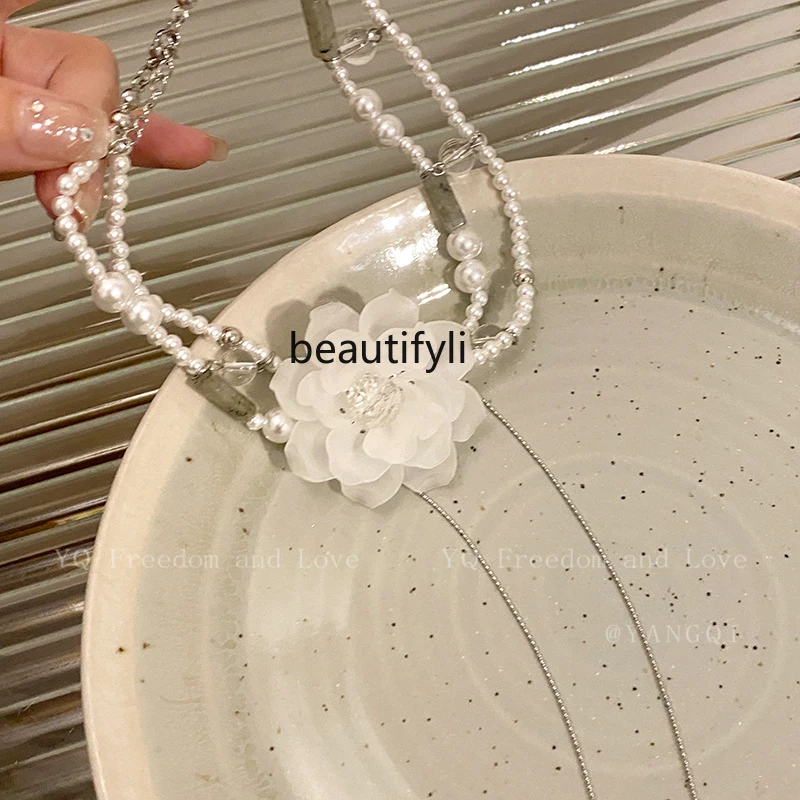 

White Camellia Pearl Twin Necklace Female Retro Affordable Luxury High Sense Temperament Clavicle Chain Necklace