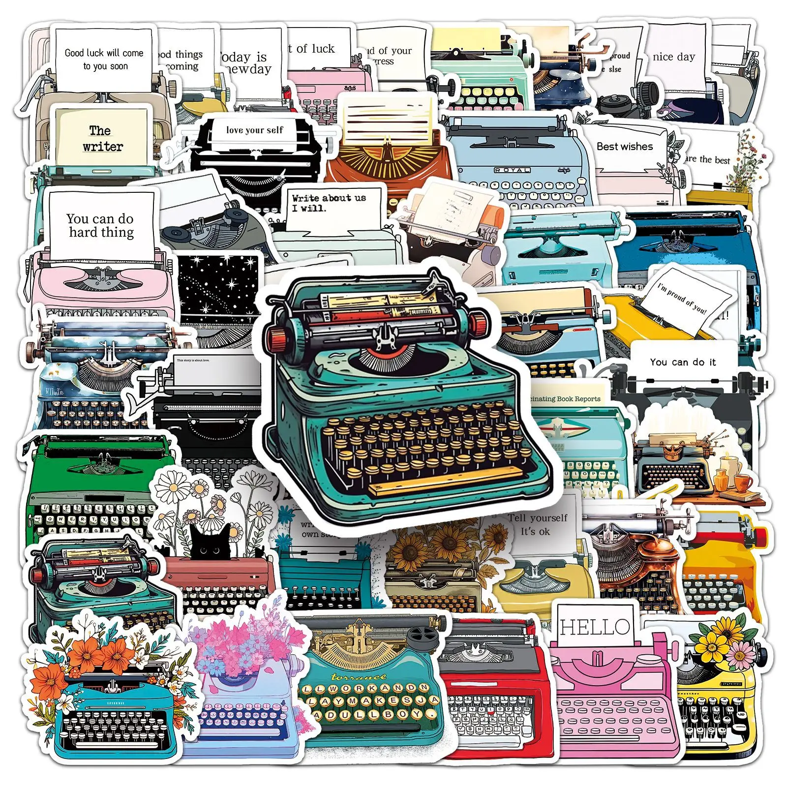 

50PCS Retro Vintage Typewriter Decorative Stickers DIY Scrapbooking Album Planner Phone Motivational Words Sticker Kids Toy Gift