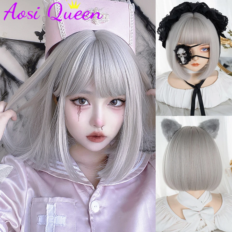 AOSI Silver Gray Short Bob Wig For Girl Daily Wear Synthetic Wig New Style Natural Supple Summer Heatresistant Wig With Bangs