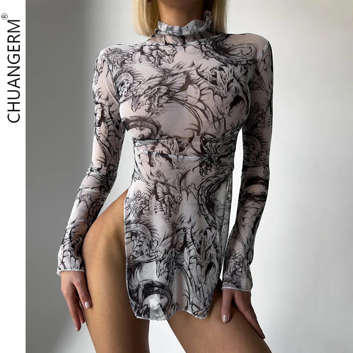 

CHUANGERM sexy underwear Black and white high neck long sleeve tie dye gauze side high slit dress thong two-piece set bra set