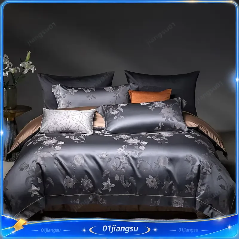1400TC Egyptian Cotton Bedding Set Luxury Yarn Dyed Floral Jacquard Silky Duvet Cover Flat Fitted Sheet Pillowcases 4 Piece