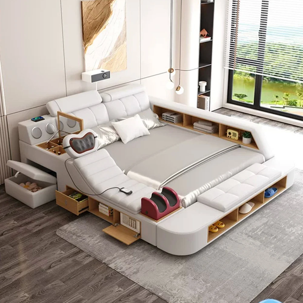 MANBAS All In One Bed, Luxury Multifunctional Genuine Leather Bed Frame with Tatami, Tech Smart Ultimate Lit 2 Personnes