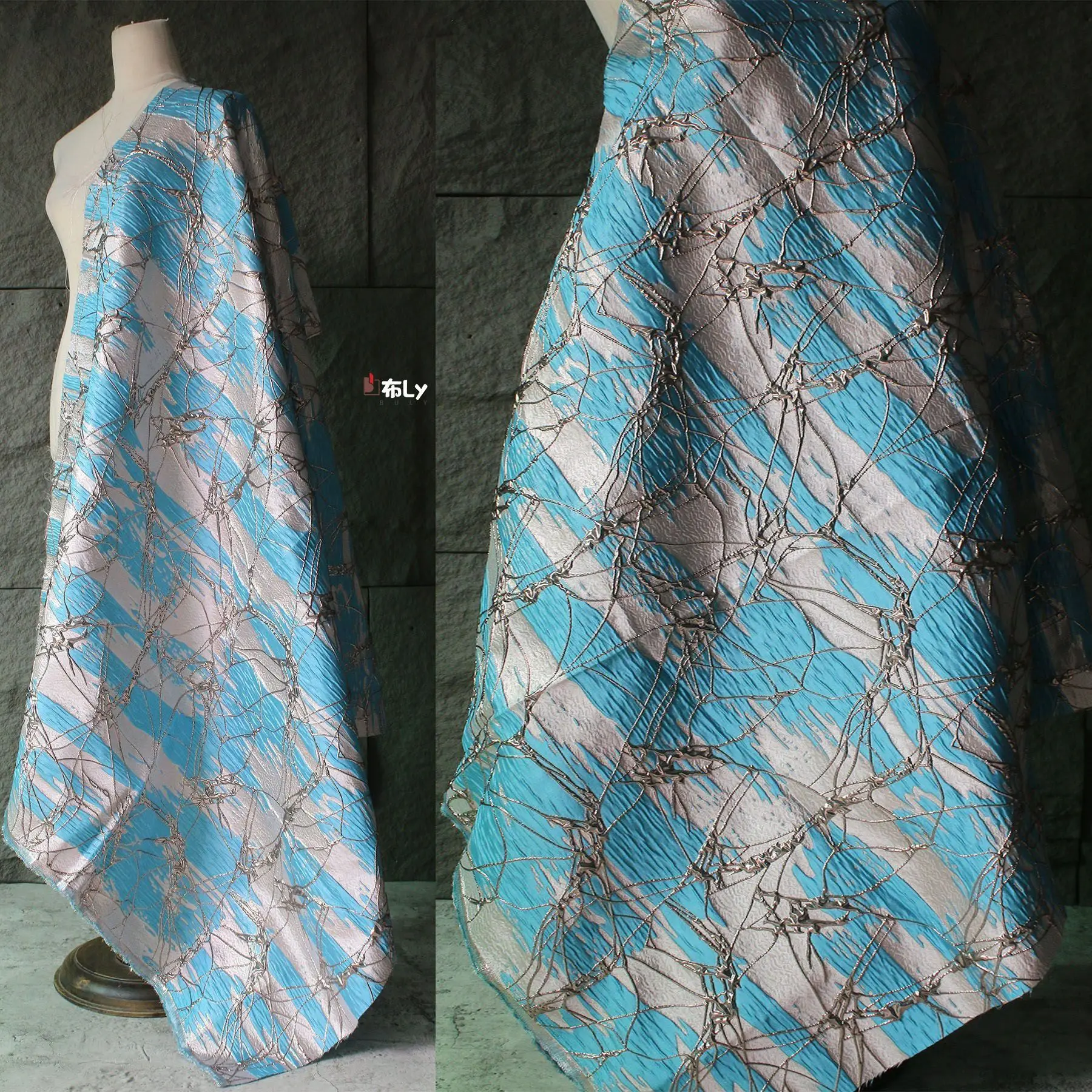 Blue Embossed Irregular Texture 3D Fabric, High-Grade For Cheongsam, Coat, Dress, Luxury Designer Apparel DIY Material