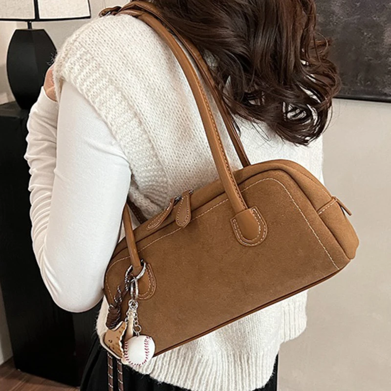 New Suede Shoulder Bag for Women Multi Pocket Underarm Bag Faux Suede Solid Color Handbag Zipper Satchel Bag for Work Shopping