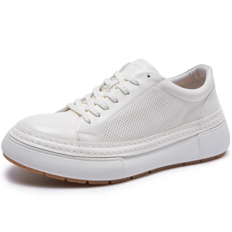 

Spring/Summer High-end Horse Leather Casual Shoes for Men's Punched Breathable Versatile Platform Sports Shoes White Board Shoes