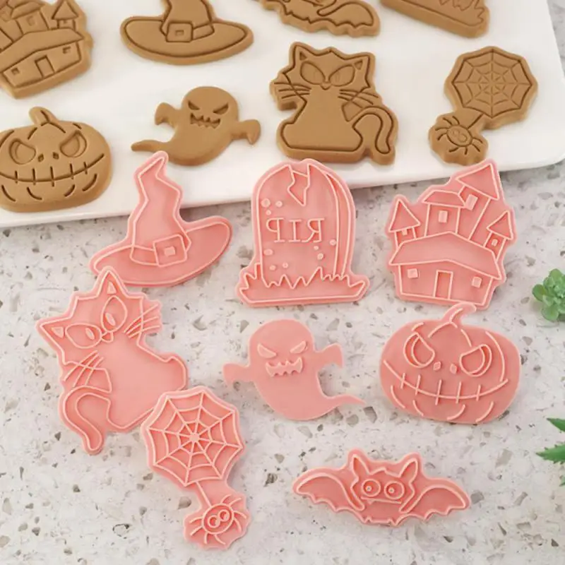 Cookie Cutters Set Cartoon Owl Castle Pumpkin Witch Vampire Skull Pressable Cookie Stamp Biscuit Mold Halloween Decoration