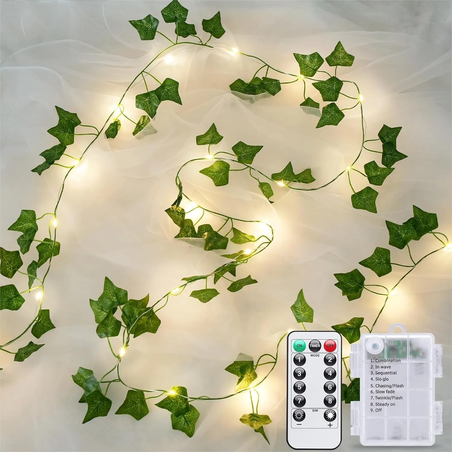 

33Ft 100 LED Ivy Vines With Lights Battery Operated With Remote For Bedroom Wall Classroom Dorm Wedding Party Decor Warm White
