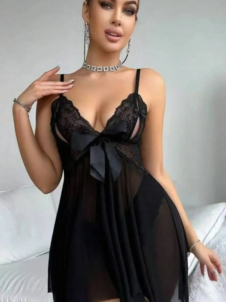 Nouveau grande taille Sexy dentelle maille transparente profonde V sangle chemise de nuit dos nu profond V bretelles sans manches robe en maille transparente 278B
