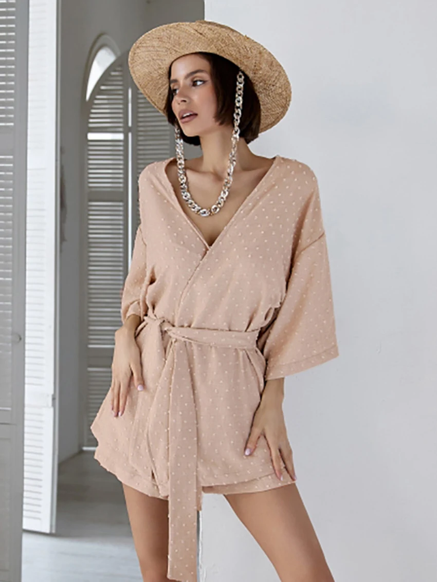 

Marthaqiqi Casual Women'S Nightwear Set Sexy V-Neck Sleepwear Long Sleeve Nightie Lace Up Nightgowns Shorts Ladies Pajamas Suits