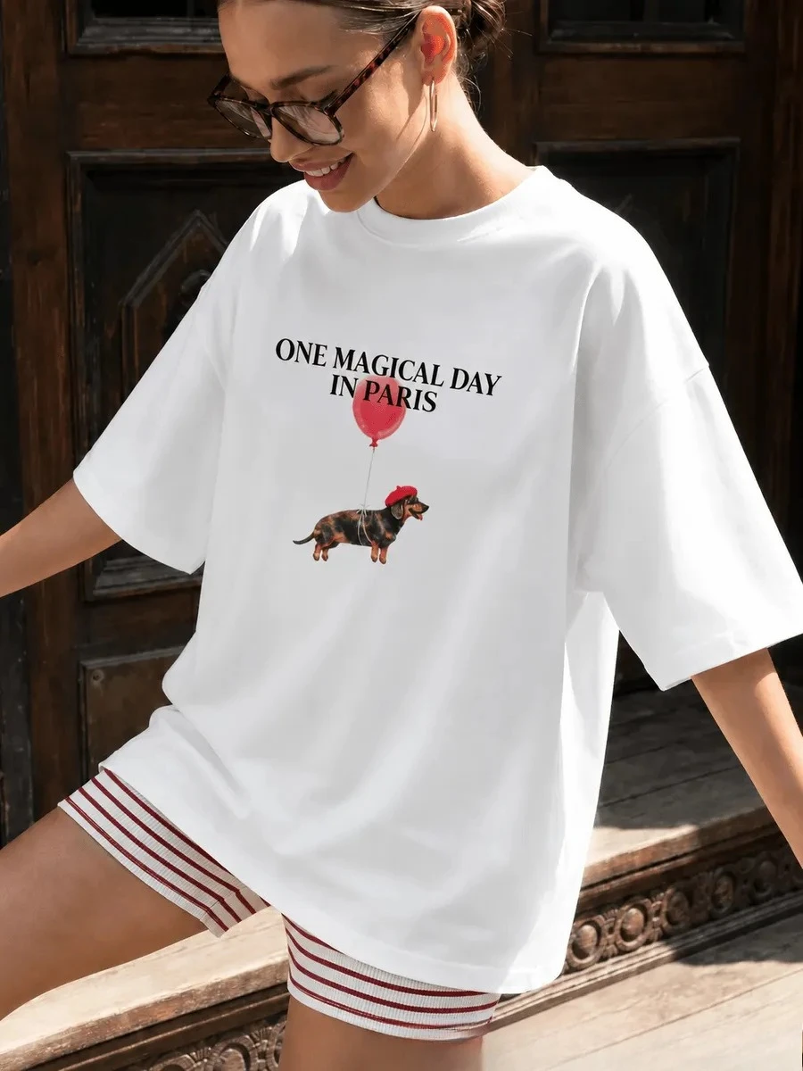 Cotton Sausage Dog Balloon Printed T-Shirt Women's Fashionable O-Neck Loose Short Sleeved Female Casual Hip Hop Top 230g/ ㎡