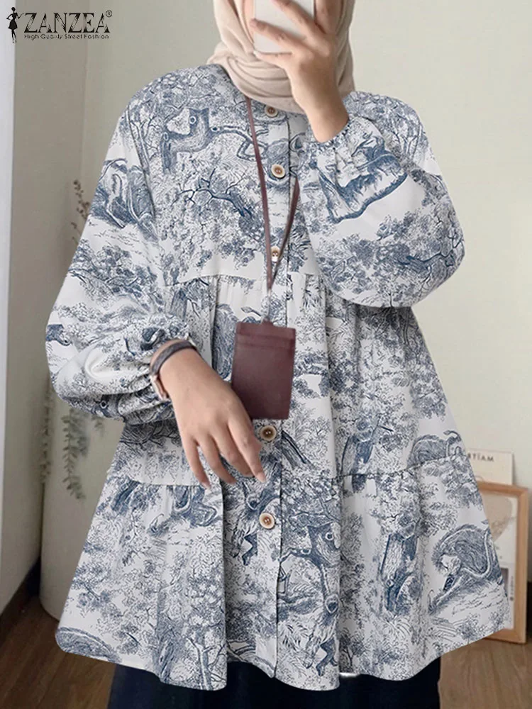 

2023 ZANZEA Casual Loose Holiday Blouse Ramadan Blusas Mujer Bohemian Women Floral Printed Shirt Autumn Long Sleeve Muslim Tops