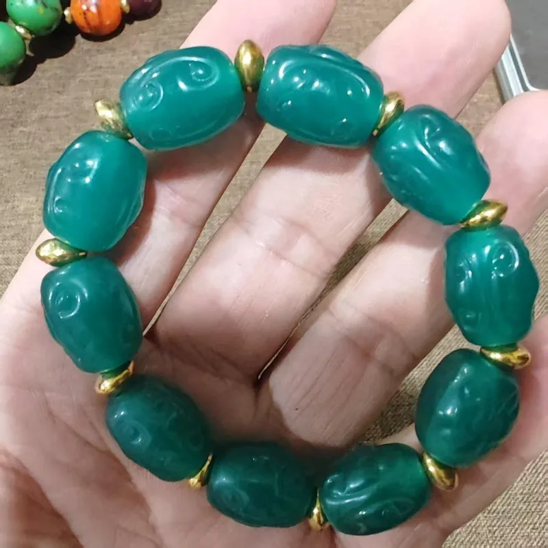 Teal Green Ruyi Carved Oval Lampwork Glass Bead Bracelet Gold Spacers Unisex Retro Bohemian Elastic Handcrafted Wrist Jewelry