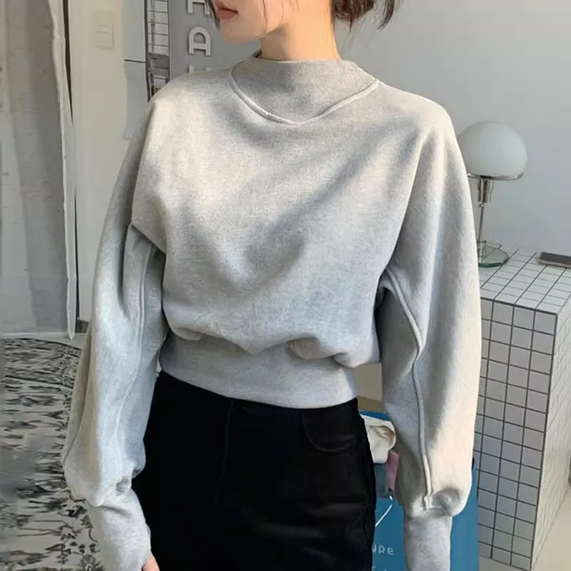 

Chic Batwing Sleeve Cropped Sweatshirts Women Solid Elegant Pullover Top Casual Autumn Round Neck Korean Fashion Hoodie