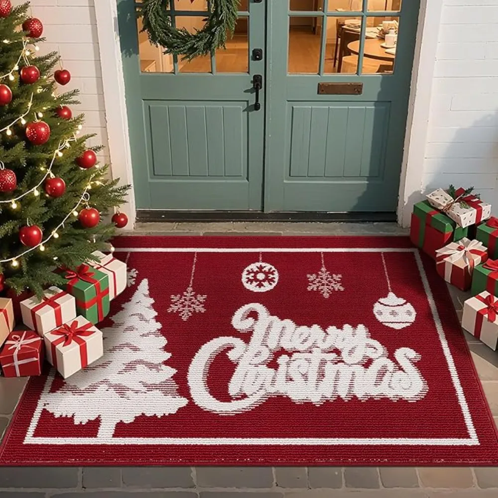 Weihnachtsteppich, Matte, Teppich, rot, Willkommen, Frohe Weihnachten, Text mit Schneeflocken-Baummuster, rutschfeste Bodenmatte für Heimdekoration