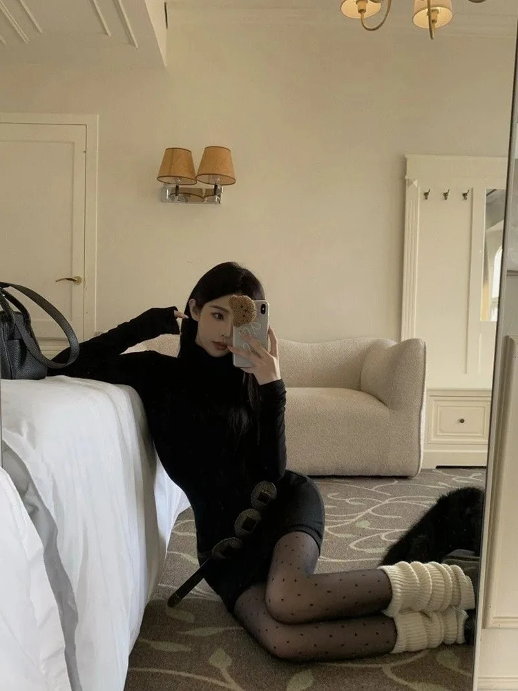 فستان أسود قصير بياقة مدورة للنساء للخريف مثير نحيف مع حزام وأكمام طويلة فستان قاعدة Y2K ملابس الشارع الشهير للحفلات الليلية #5