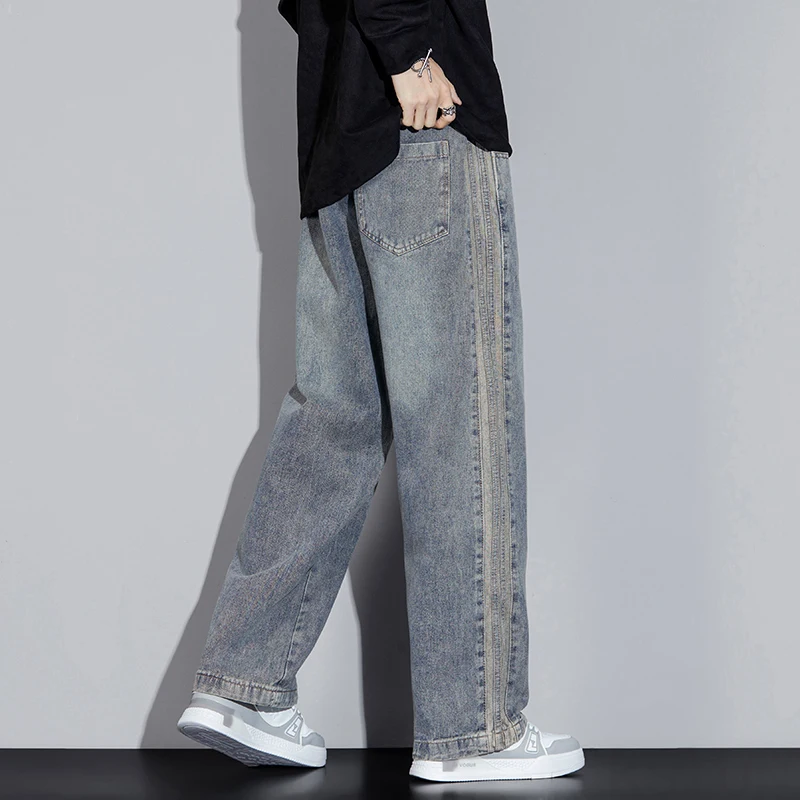 KSTUN 2025 Nieuwe Zwarte Winter Jeans Wijde Pijpen Heren Baggy Broek Fleece Trekkoord Zijkant Gestreepte Warme Jeans Mannen Dikker Denim broek