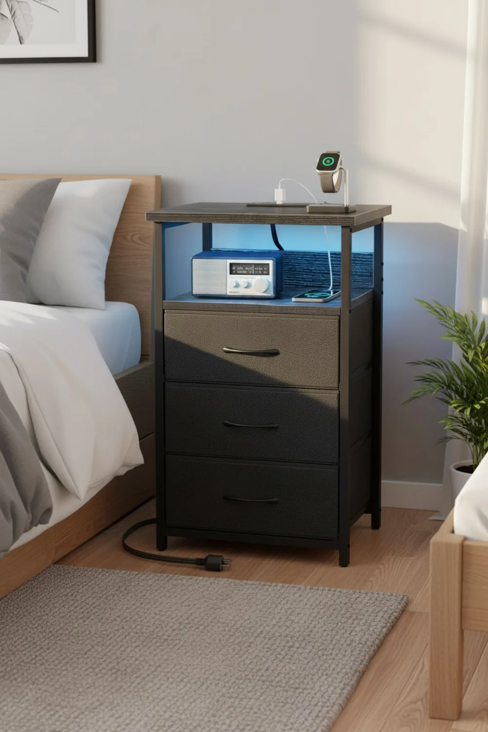 

Светодиодная тумбочка с зарядной станцией, USB-портами, розетками, 3 тканевыми ящиками, регулируемым освещением, простая сборка