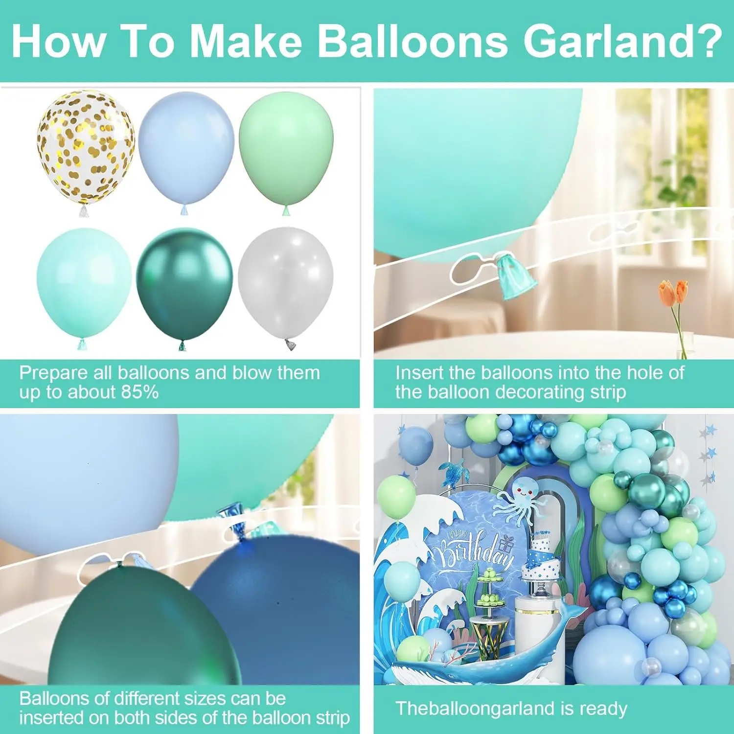 122-Piece Ocean-Themed Party Balloon Arch Kit, Light Blue, Teal, Lime Green Balloon Garland with Metallic Latex Balloons, Blue and Green Balloon