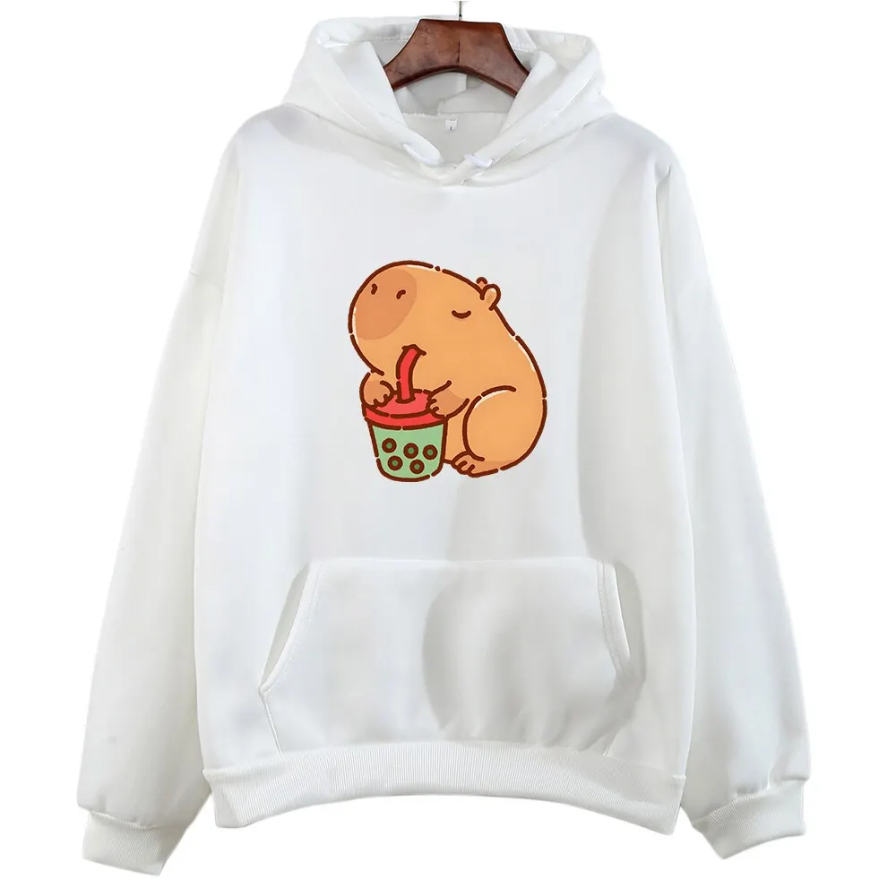 Capybara Drink Bubble Tea Hoodie Kawaii Animal Cartoon Graphic Sweatshirt Kids Clothes Girl Long Sleeve Hooded Boys Top Harajuku