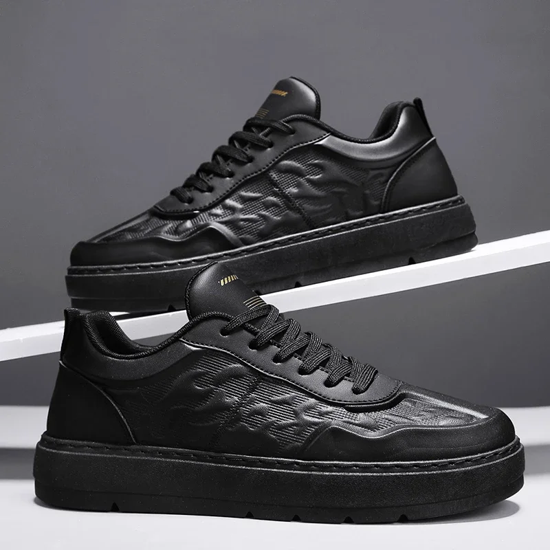 New mens shoes 3D embossed upper four seasons casual sneakers Breathable leather fabric Wear-resistant non-slip sole men shoes