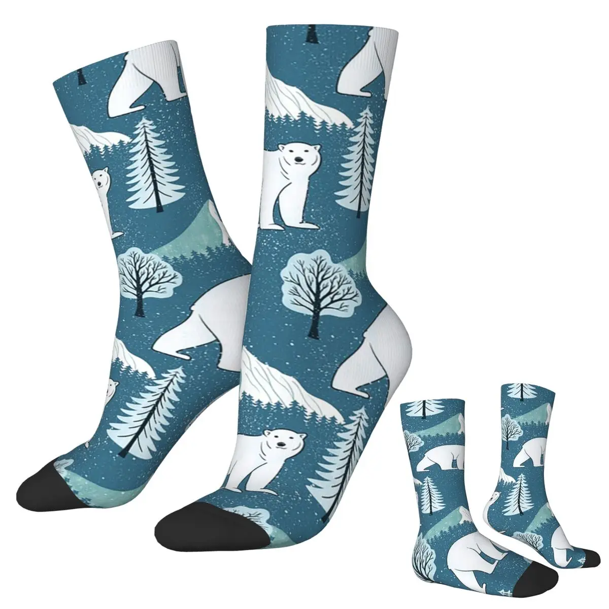 All Seasons Crew Stockings Winter Polar Bear Snowy Mountains And Forest Trees Socks Casual Long Socks for Valentine's Day Gifts