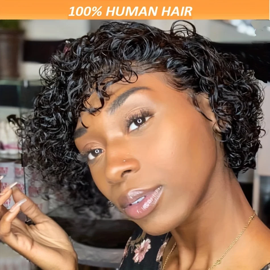 Pixie corte peruca para mulheres, bob curto, cabelo humano encaracolado, laço transparente, água onda profunda, densidade de 180%