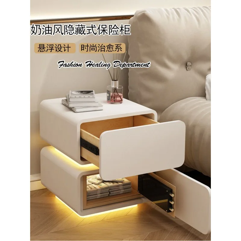 Cream style bedside table with safe, simple and modern creative small cabinet with light, solid wood bedroom bedside storage cab