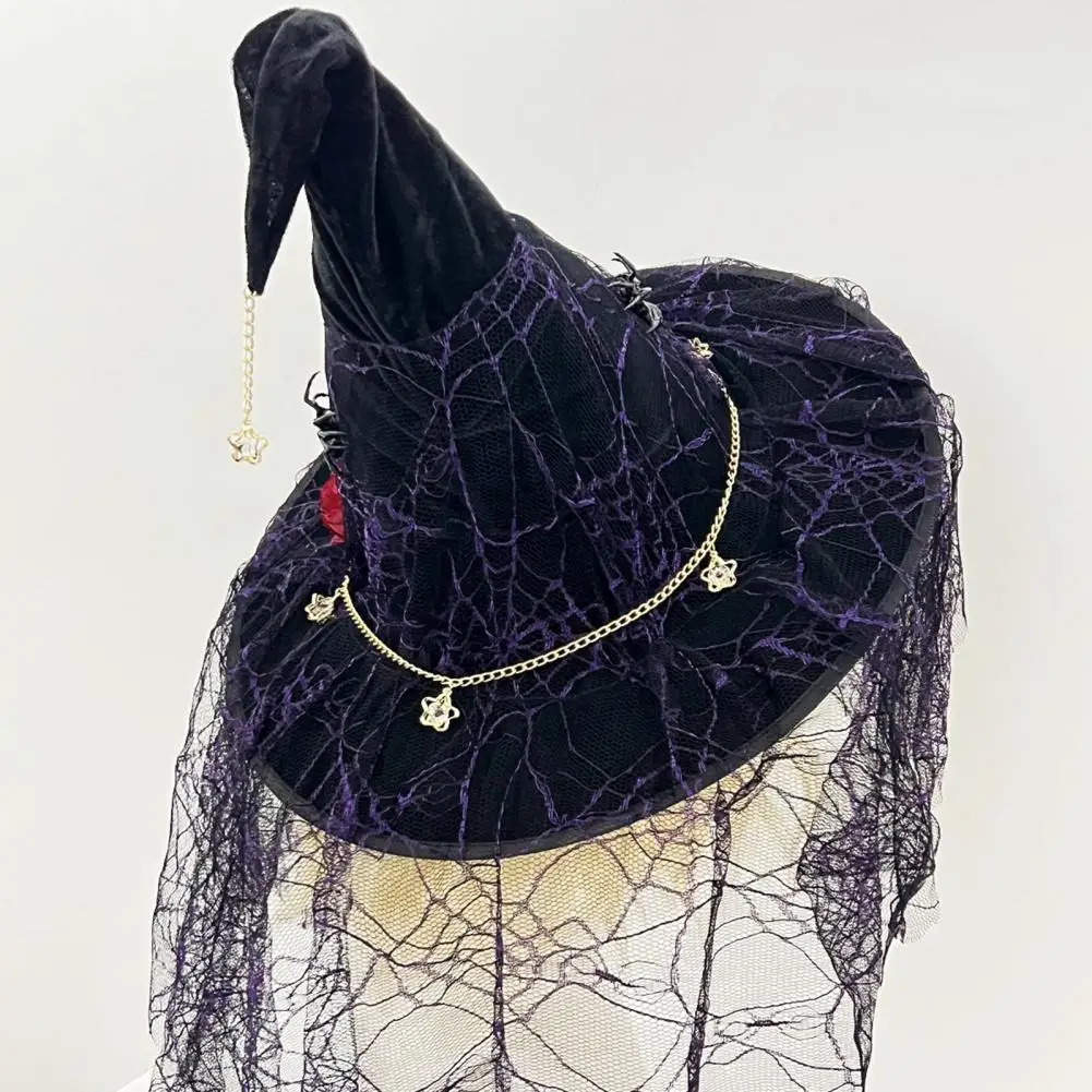 Festival Atmosphere Props Punk Skeleton Hand Witch Hat with Spider Mesh Veil Black Costume Accessory for Halloween Carnival