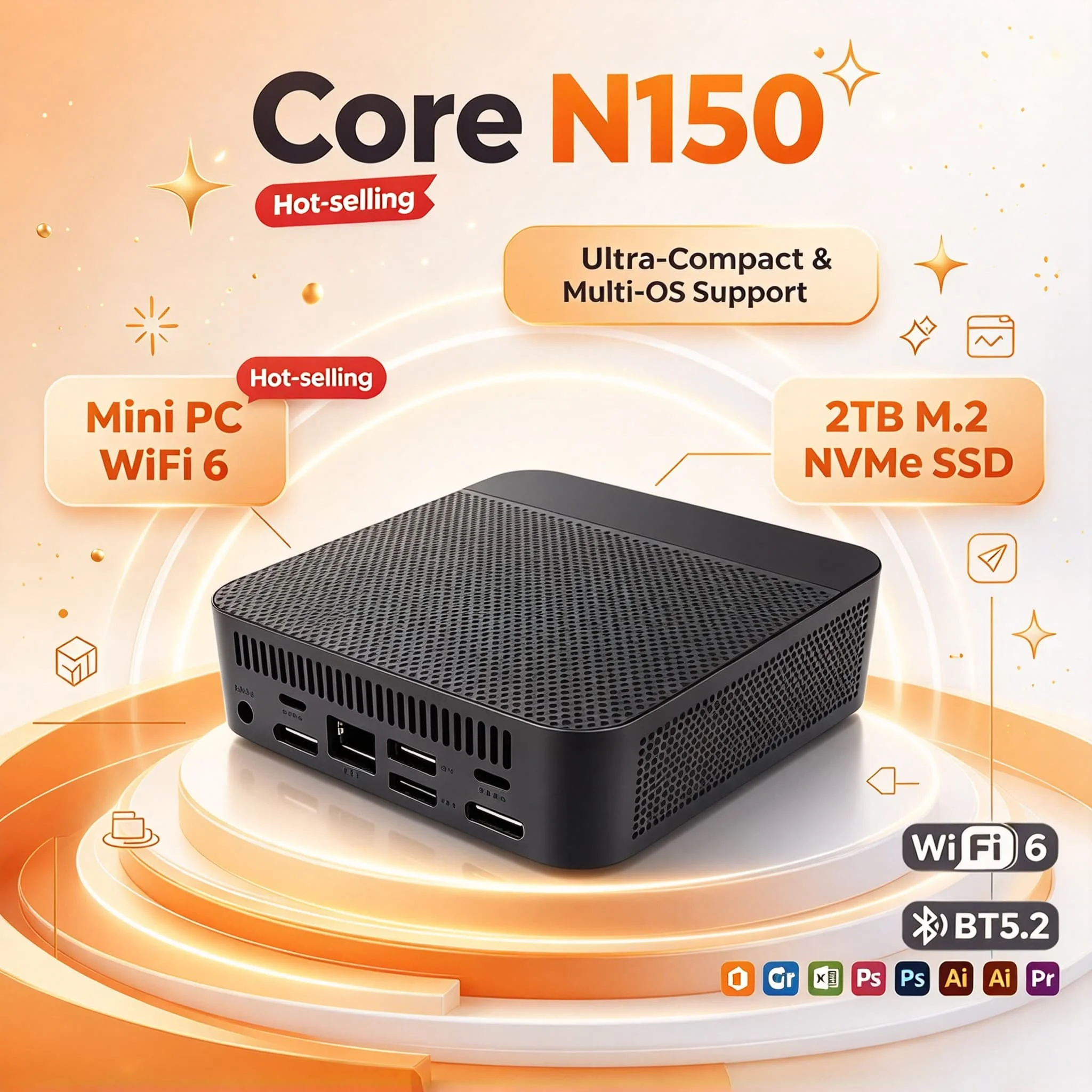 Desktop Home Office Silent Cooling WiFi6 Triple 4K Output Intel N150 Mini PC 16GB M.2 NVMe SSD Pro Ultra Fast Max System