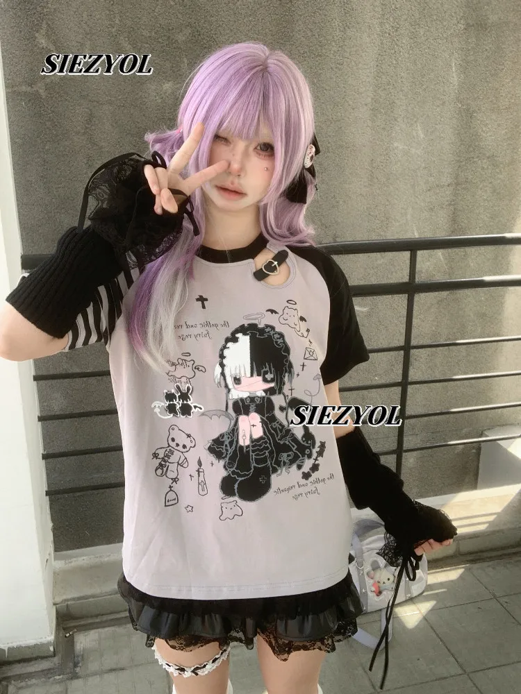 Summer New Original Hand-painted Sweet Printed Short-sleeved T-shirt Loose Striped Shoulder Sleeve Splicing Crew Neck Tops