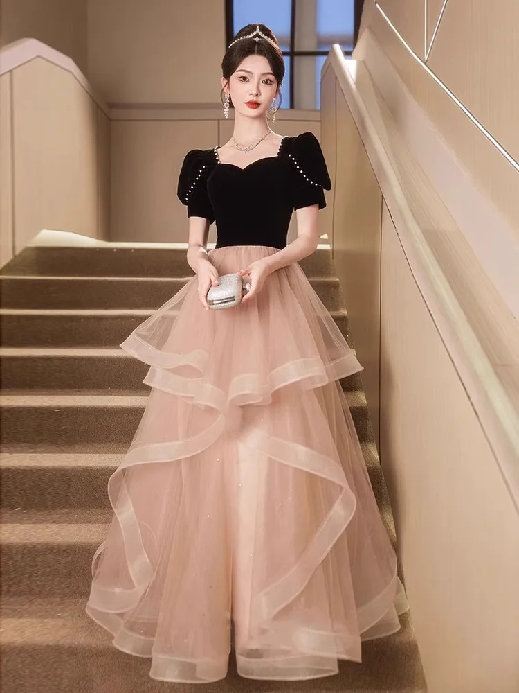 

Ele Bla Evening Gown Prince Sle with Belt High Waist Puffy Skirt for Host of Banquet And Performance