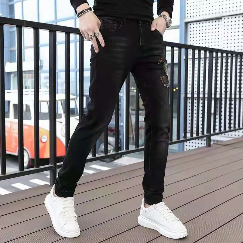 EH·MD® Monkey Embroidered Jeans Men's Cartoon Skull Decorated Zipper Hem Pure Cotton High Stretch Skinny Stitching Pencil Pants