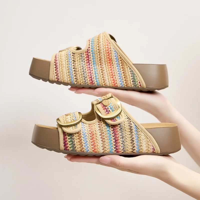 AIYUQI 2026 Women's Slippers shoe Thick-soled woven peep-toe slippers women Summer Bohemian style versatile beach frail shoes