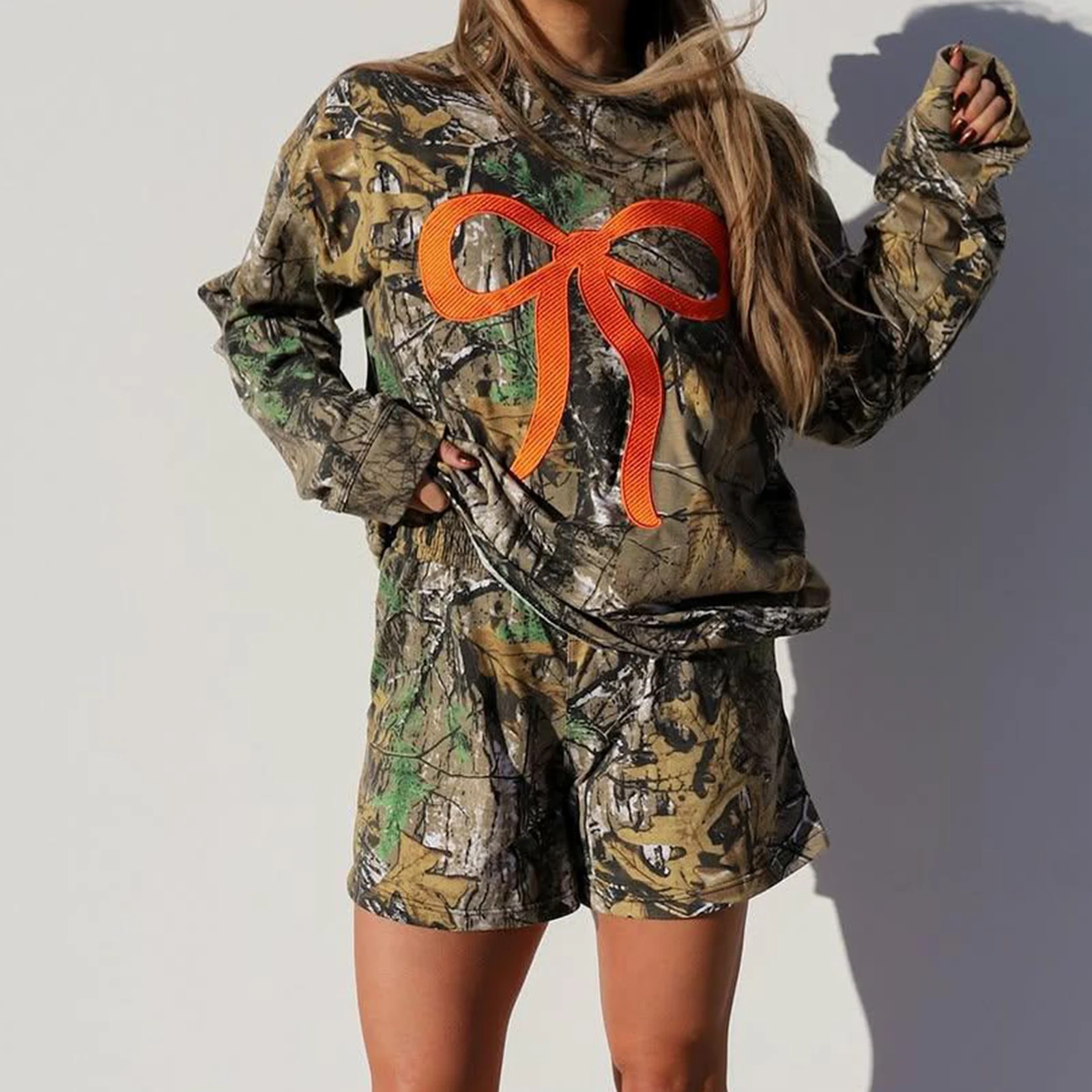 

Женская модная тренировочная одежда с вышивкой бантом, камуфляжные толстовки с длинными рукавами и эластичные шорты для спортивной одежды, спортивные костюмы