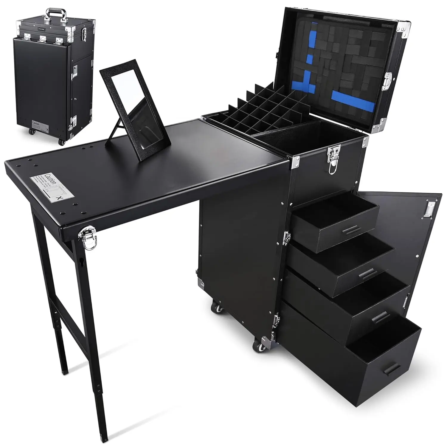 Rolling Manicure Table Foldable Nail Table Makeup Train Case Tattoo Station Portable Nail Desk Workstation with 4 Drawers Mirror