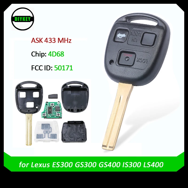 DIYKEY 3 Button Remote Key ASK 433MHz 4D68 Chip for Lexus ES300 GS300 GS400 IS300 LS400 FCCID:50171 TOY48 Short Blade ​