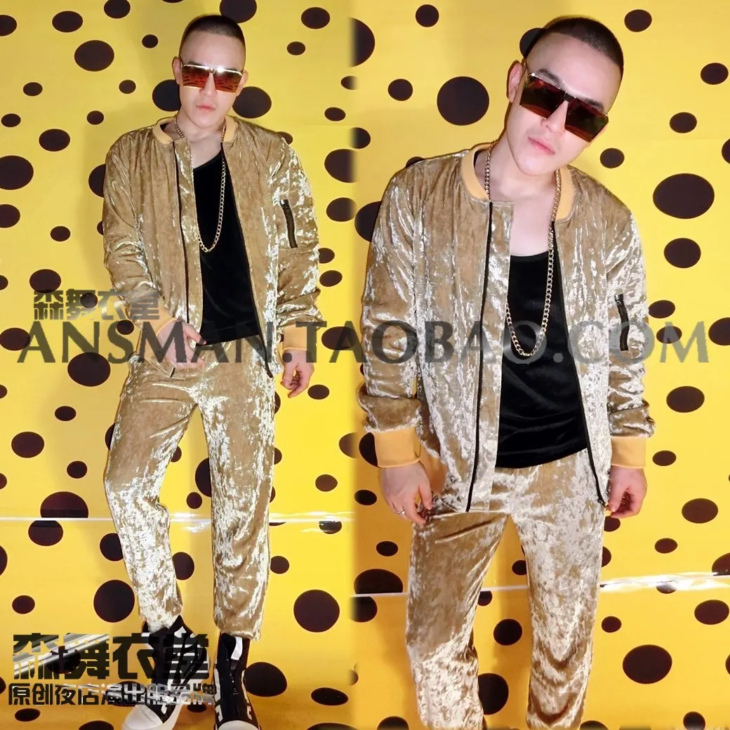 Nightclub Bar DJ Singer Champagne Diamond Velvet Super Sparkling Hip Hop Baseball Jersey Men's Casual Jacket Set