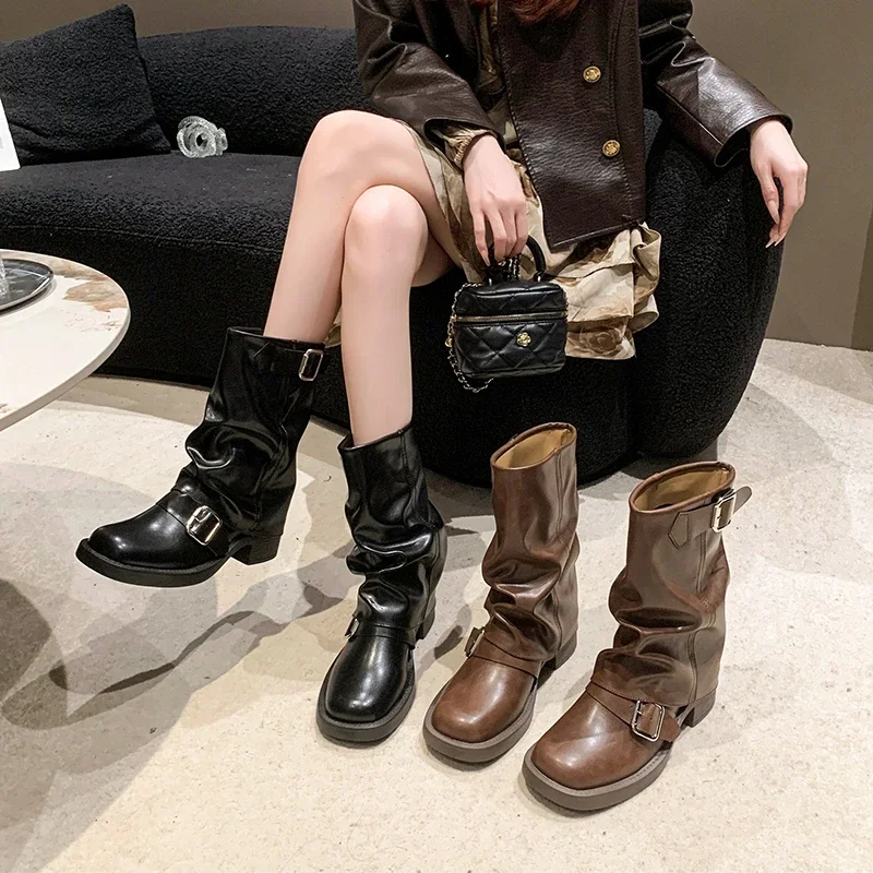 Zimowa nowa platforma damska buty na obcasie masywne Chelsea Boots marki 2023 plisowane buty do kostki zakolanówki motocyklowe buty