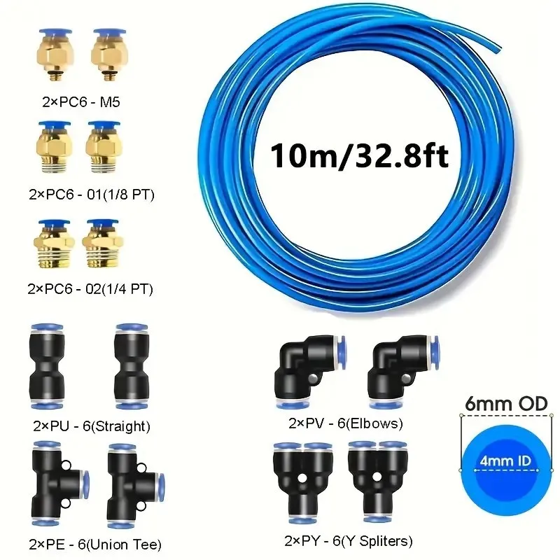10m (32.8ft) Polyurethane Air Hose Kit PU Tube with Push-to-Connect Fittings Elbow, Tee Union Fits OD. 6mm Pneumatic Tube