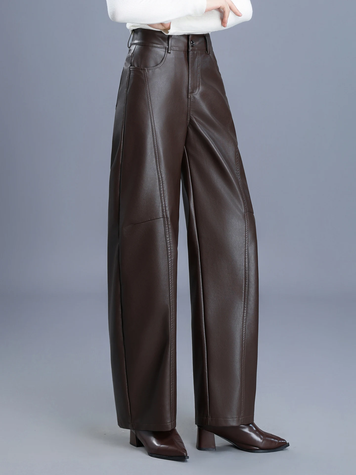 ZUZK PU Leather Pants Barrel Pants New Lady Autumn Winter Fashion Warm Splice Leather Pants Elegant LeatherTrousers Baggy Pants